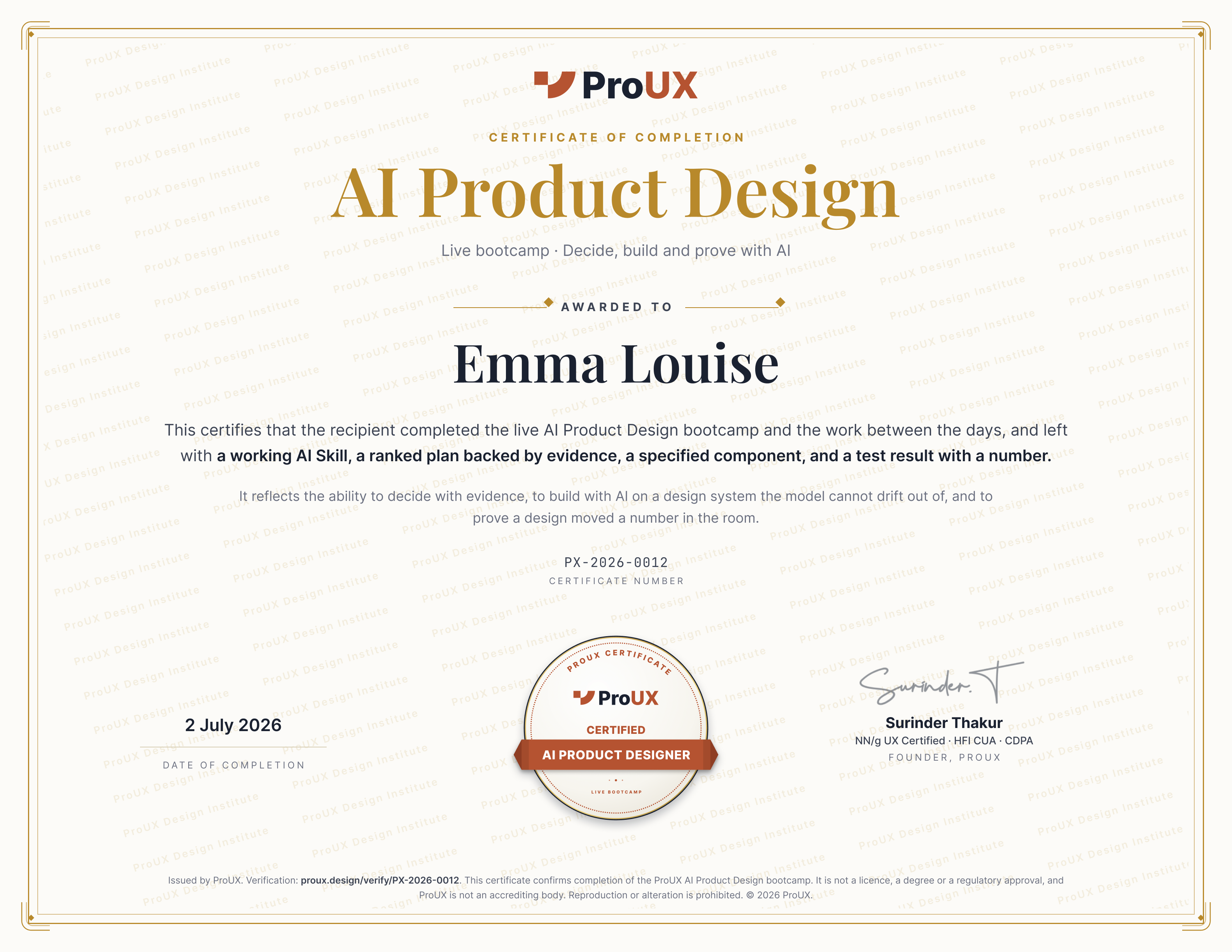 Sample ProUX certificate of completion for the AI Product Design bootcamp, with the recipient's name, certificate number, date, signature and the ProUX certified seal.